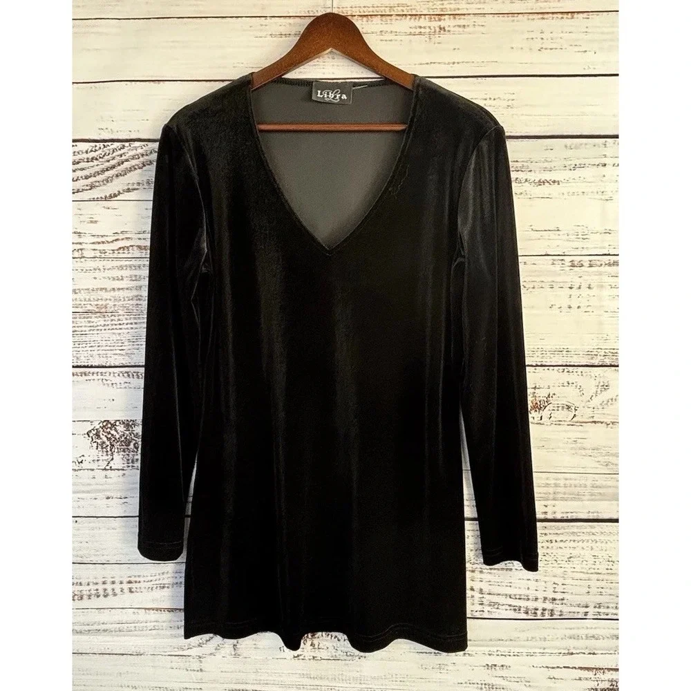 Vintage Tunic Libra L Black Velvet V-Neck Side Slit Long Sleeve Top